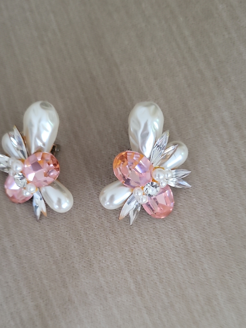 Pearl & Pink Crystal Floral Clip-On Earrings